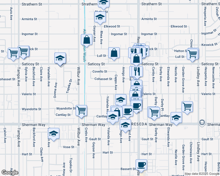 map of restaurants, bars, coffee shops, grocery stores, and more near 18654 Runnymede Street in Los Angeles