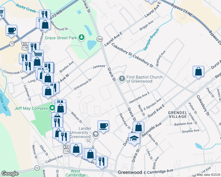 map of restaurants, bars, coffee shops, grocery stores, and more near 717 Grace Street in Greenwood