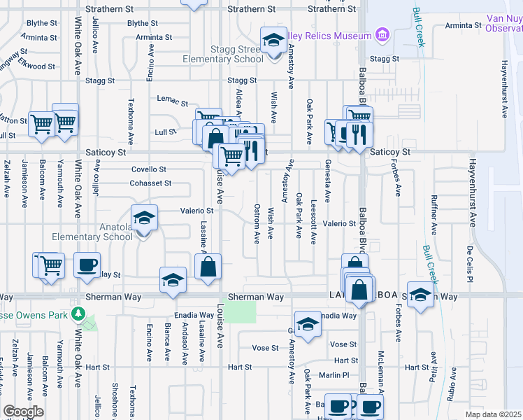 map of restaurants, bars, coffee shops, grocery stores, and more near 7438 Ostrom Avenue in Los Angeles