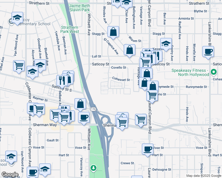 map of restaurants, bars, coffee shops, grocery stores, and more near 12352 Runnymede Street in Los Angeles