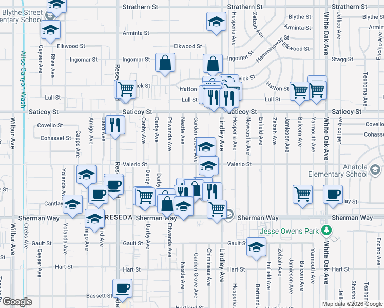 map of restaurants, bars, coffee shops, grocery stores, and more near 7447 Garden Grove Avenue in Los Angeles