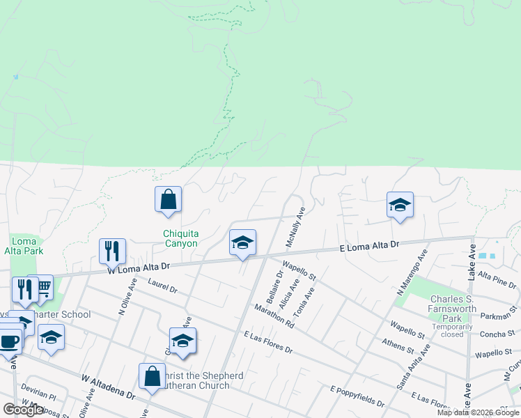 map of restaurants, bars, coffee shops, grocery stores, and more near 168 Purple Sage Lane in Altadena