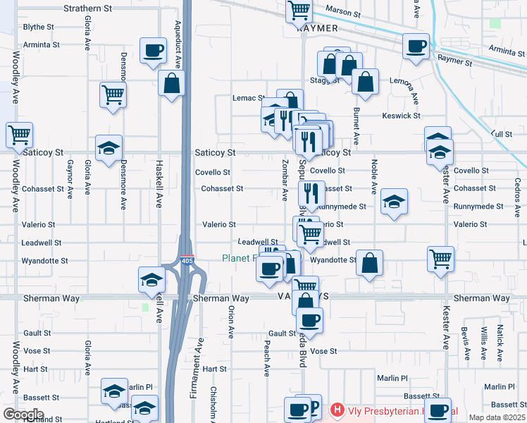 map of restaurants, bars, coffee shops, grocery stores, and more near 15401 Runnymede Street in Los Angeles