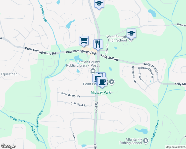 map of restaurants, bars, coffee shops, grocery stores, and more near 5010 Post Road in Cumming