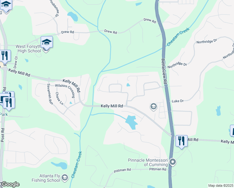 map of restaurants, bars, coffee shops, grocery stores, and more near 4610 Westgate Drive in Cumming