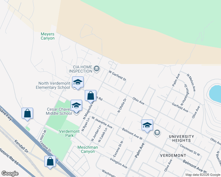 map of restaurants, bars, coffee shops, grocery stores, and more near 6909 Jasmine Court in San Bernardino