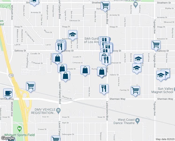 map of restaurants, bars, coffee shops, grocery stores, and more near 11841 Runnymede Street in Los Angeles