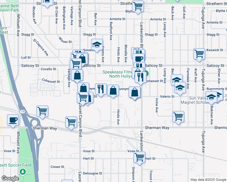 map of restaurants, bars, coffee shops, grocery stores, and more near 11841 Runnymede Street in Los Angeles