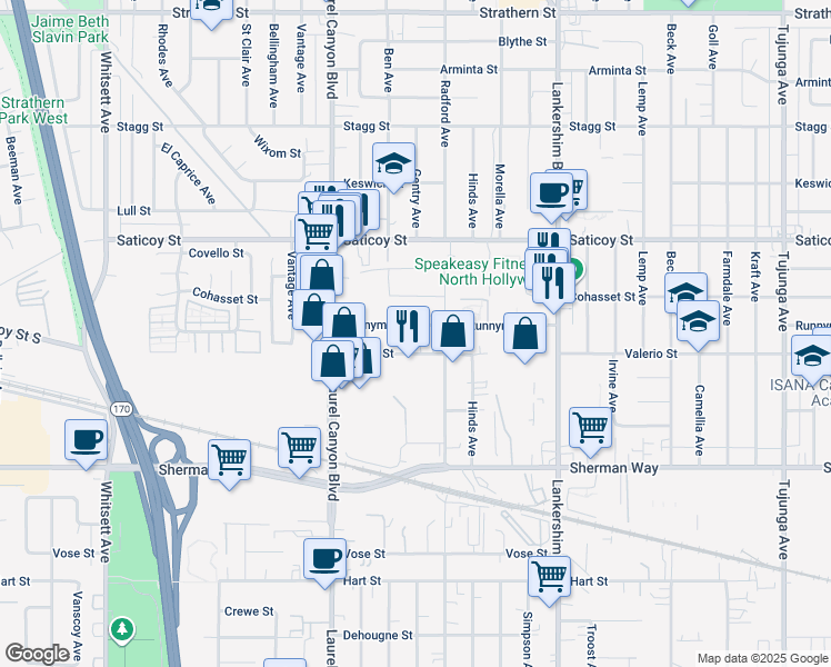 map of restaurants, bars, coffee shops, grocery stores, and more near 11941 Runnymede Street in Los Angeles