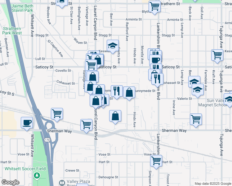 map of restaurants, bars, coffee shops, grocery stores, and more near 11941 Runnymede Street in Los Angeles