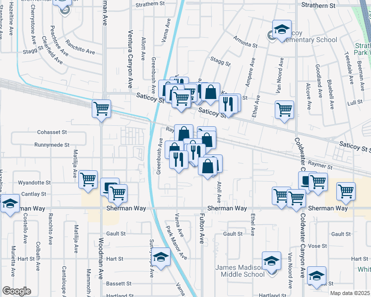 map of restaurants, bars, coffee shops, grocery stores, and more near 13340 Raymer Street in North Hollywood