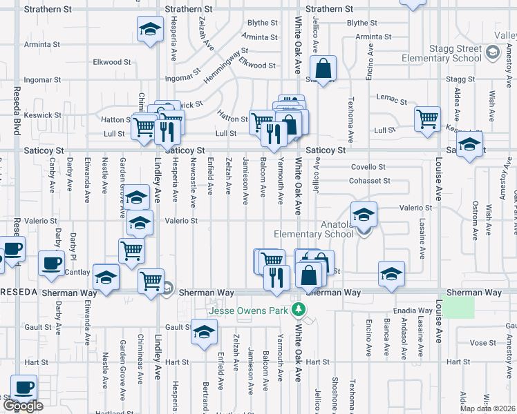 map of restaurants, bars, coffee shops, grocery stores, and more near 7445 Balcom Avenue in Los Angeles