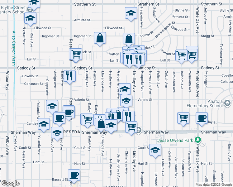 map of restaurants, bars, coffee shops, grocery stores, and more near 7447 Garden Grove Avenue in Los Angeles