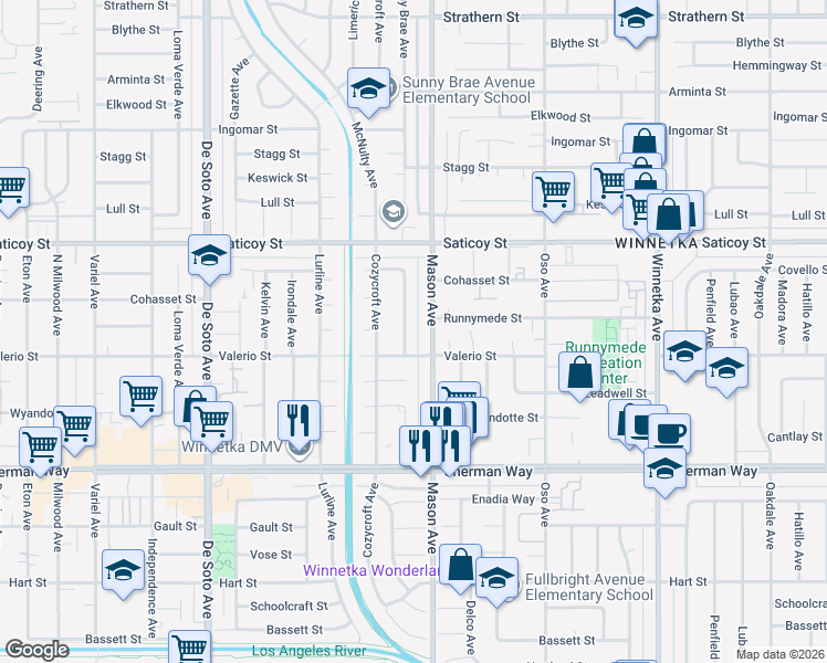 map of restaurants, bars, coffee shops, grocery stores, and more near 7441 Sunny Brae Avenue in Los Angeles