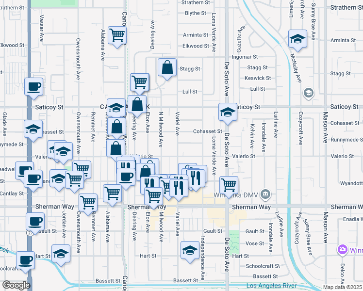 map of restaurants, bars, coffee shops, grocery stores, and more near 7445 Variel Avenue in Los Angeles