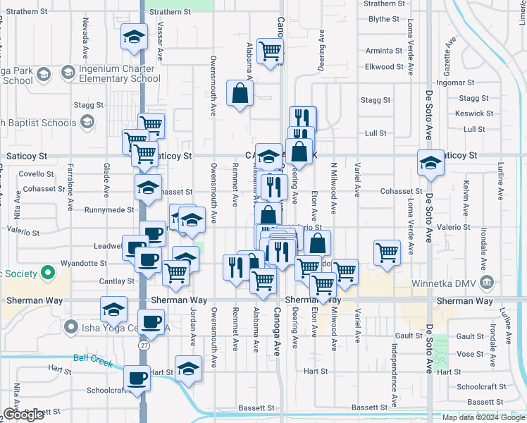 map of restaurants, bars, coffee shops, grocery stores, and more near 7449 Alabama Avenue in Los Angeles