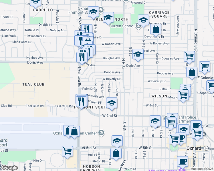 map of restaurants, bars, coffee shops, grocery stores, and more near 1034 West Beverly Drive in Oxnard
