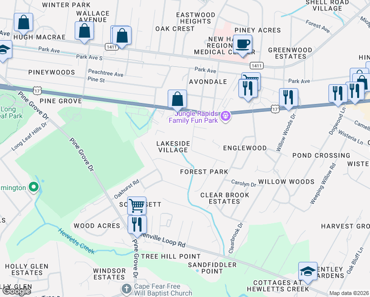 map of restaurants, bars, coffee shops, grocery stores, and more near 430 Forest Park Road in Wilmington