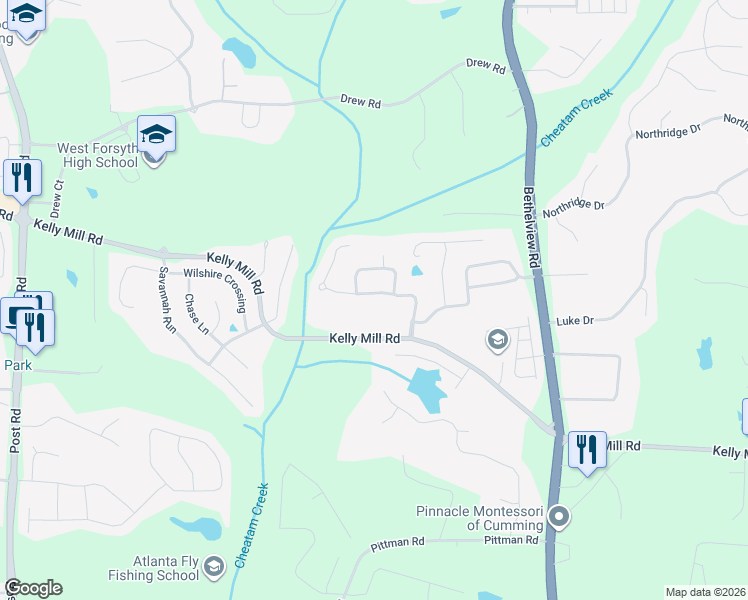 map of restaurants, bars, coffee shops, grocery stores, and more near 4635 Westgate Drive in Cumming