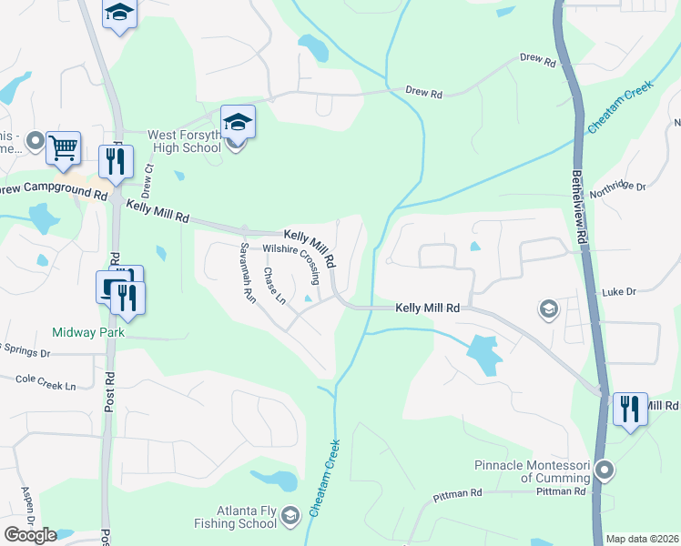 map of restaurants, bars, coffee shops, grocery stores, and more near 4860 Bantry Way in Cumming