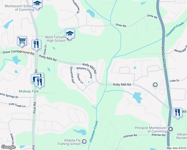 map of restaurants, bars, coffee shops, grocery stores, and more near 4850 Wilshire Crossing in Cumming