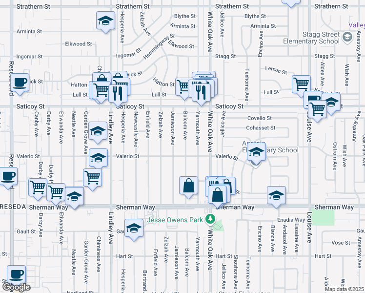 map of restaurants, bars, coffee shops, grocery stores, and more near 7423 Balcom Avenue in Los Angeles