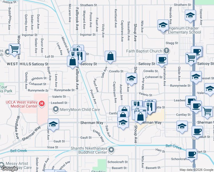 map of restaurants, bars, coffee shops, grocery stores, and more near 7431 Kentland Avenue in Los Angeles