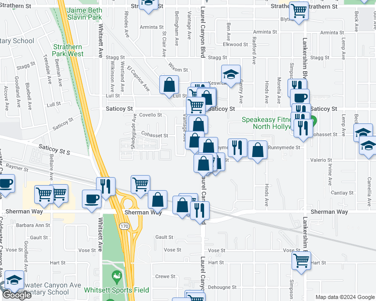 map of restaurants, bars, coffee shops, grocery stores, and more near 7426 Vantage Avenue in Los Angeles