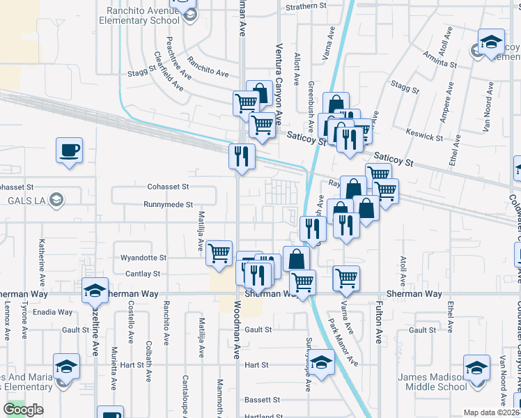 map of restaurants, bars, coffee shops, grocery stores, and more near 13619 Valerio Street in Los Angeles