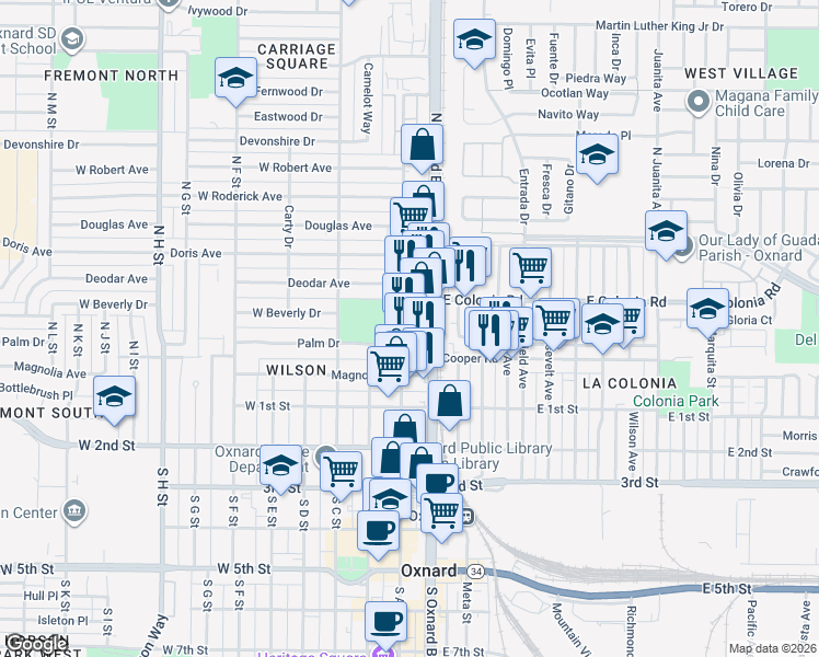 map of restaurants, bars, coffee shops, grocery stores, and more near 2 A Street in Oxnard