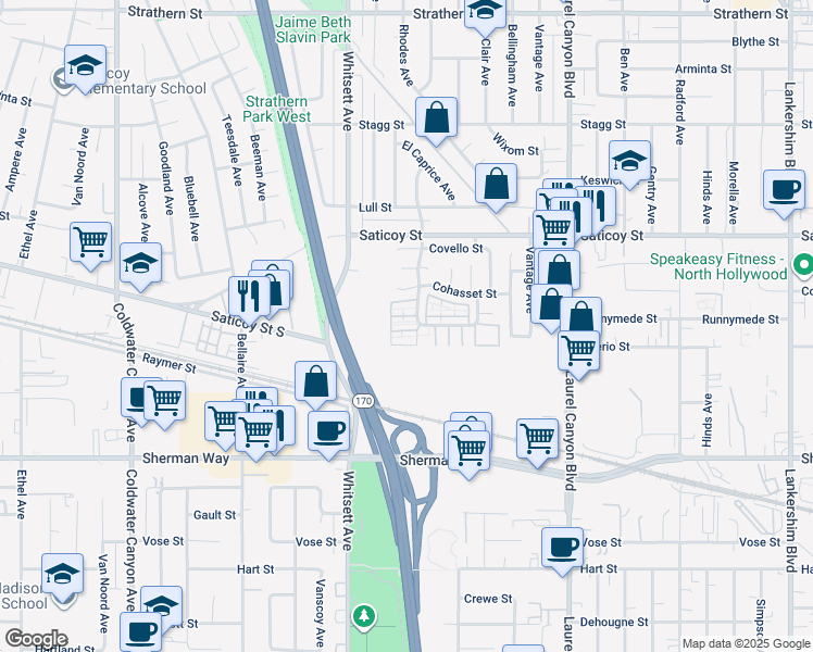map of restaurants, bars, coffee shops, grocery stores, and more near 12346 Runnymede Street in Los Angeles