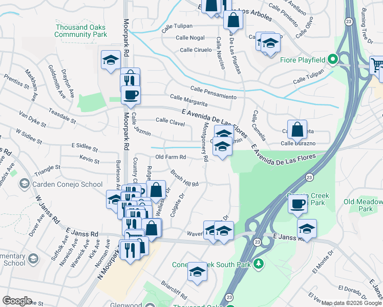 map of restaurants, bars, coffee shops, grocery stores, and more near 897 Old Farm Road in Thousand Oaks