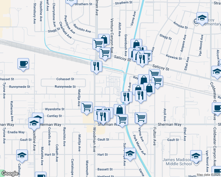 map of restaurants, bars, coffee shops, grocery stores, and more near 13565 Valerio Street in Los Angeles