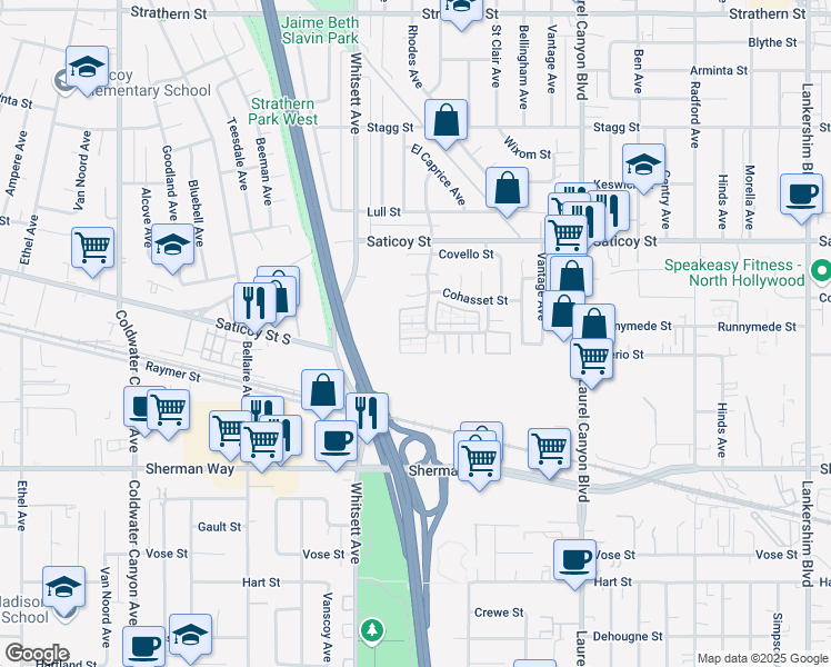 map of restaurants, bars, coffee shops, grocery stores, and more near 7435 Shadyglade Avenue in Los Angeles