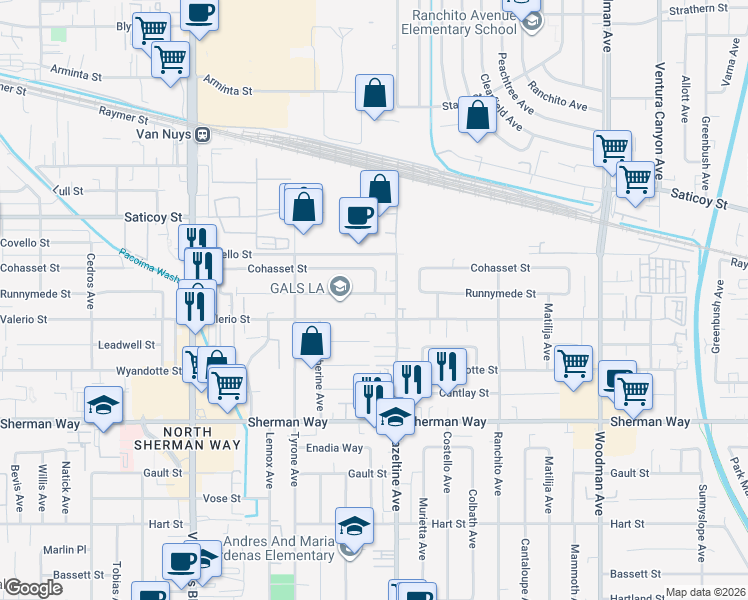 map of restaurants, bars, coffee shops, grocery stores, and more near 14126 Runnymede Street in Los Angeles