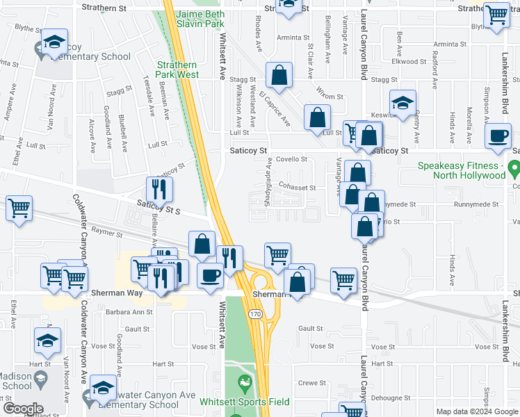 map of restaurants, bars, coffee shops, grocery stores, and more near 12346 Runnymede Street in Los Angeles