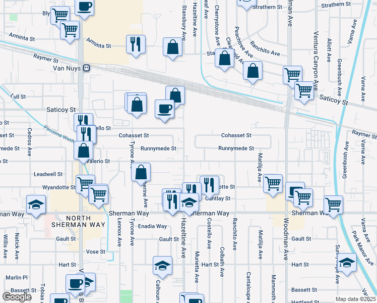 map of restaurants, bars, coffee shops, grocery stores, and more near 7422 Hazeltine Avenue in Los Angeles