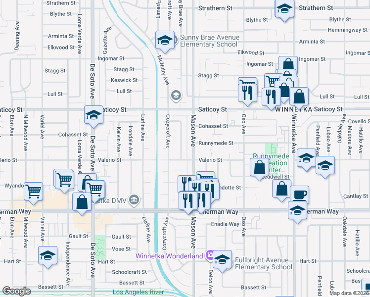 map of restaurants, bars, coffee shops, grocery stores, and more near 7441 Sunny Brae Avenue in Los Angeles