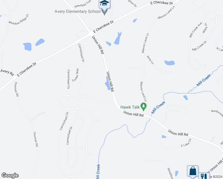 map of restaurants, bars, coffee shops, grocery stores, and more near 7173 Union Hill Road in Canton