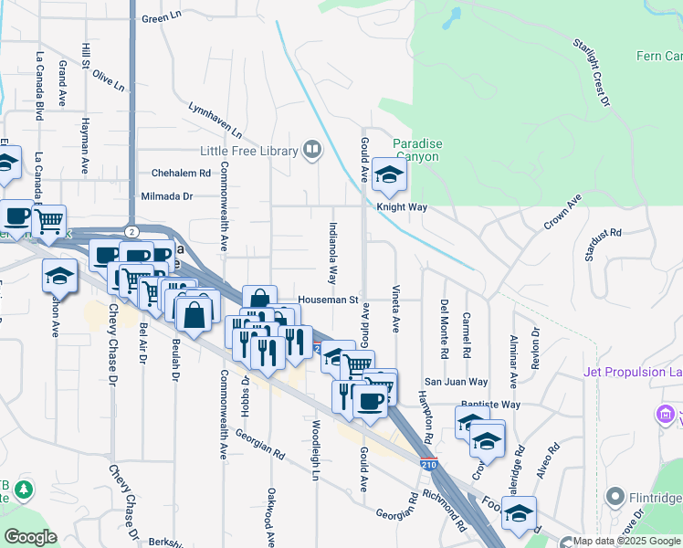 map of restaurants, bars, coffee shops, grocery stores, and more near 4826 Indianola Way in La Cañada Flintridge