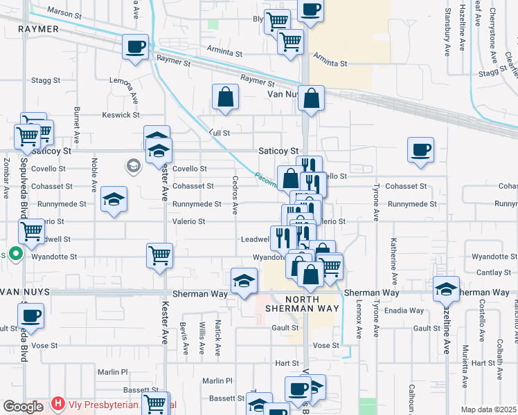 map of restaurants, bars, coffee shops, grocery stores, and more near 14614 Runnymede Street in Los Angeles