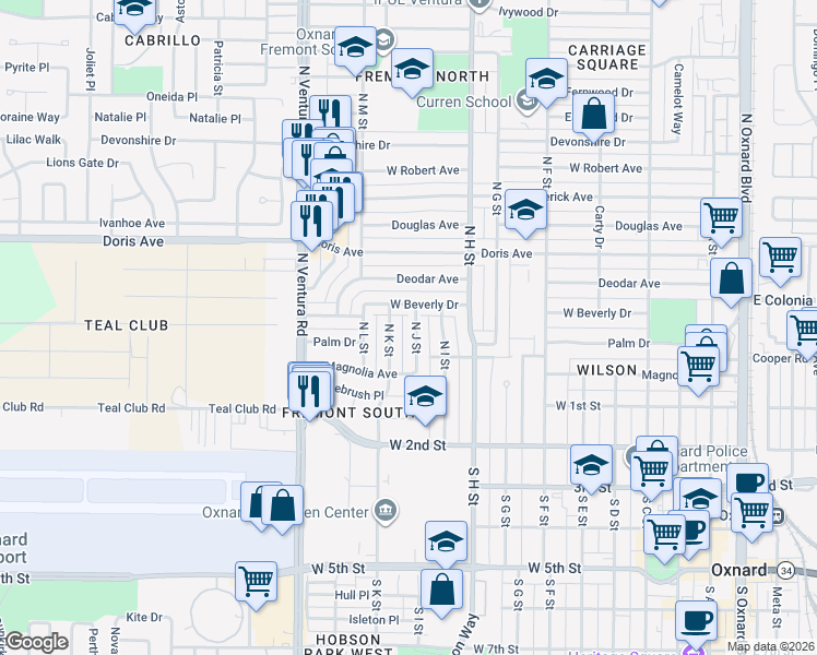 map of restaurants, bars, coffee shops, grocery stores, and more near 1034 West Beverly Drive in Oxnard