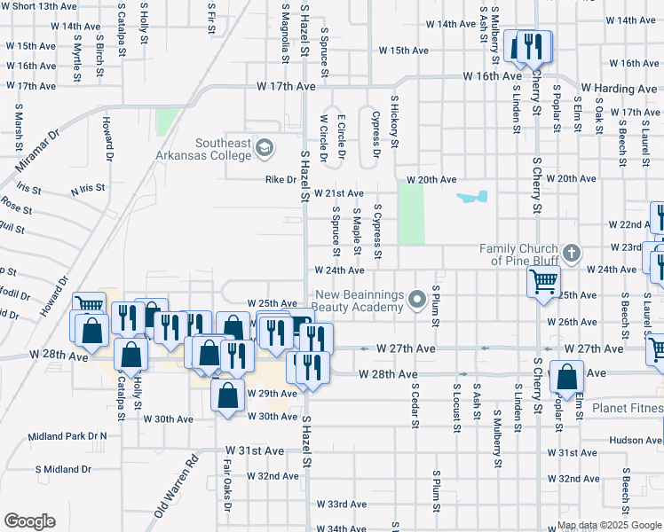map of restaurants, bars, coffee shops, grocery stores, and more near 2100 West 23rd Avenue in Pine Bluff