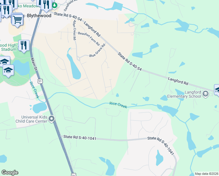 map of restaurants, bars, coffee shops, grocery stores, and more near 1201 Deep Creek Road in Blythewood