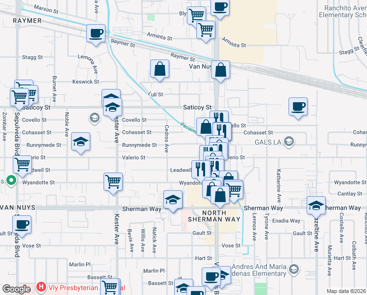 map of restaurants, bars, coffee shops, grocery stores, and more near 14614 Runnymede Street in Los Angeles