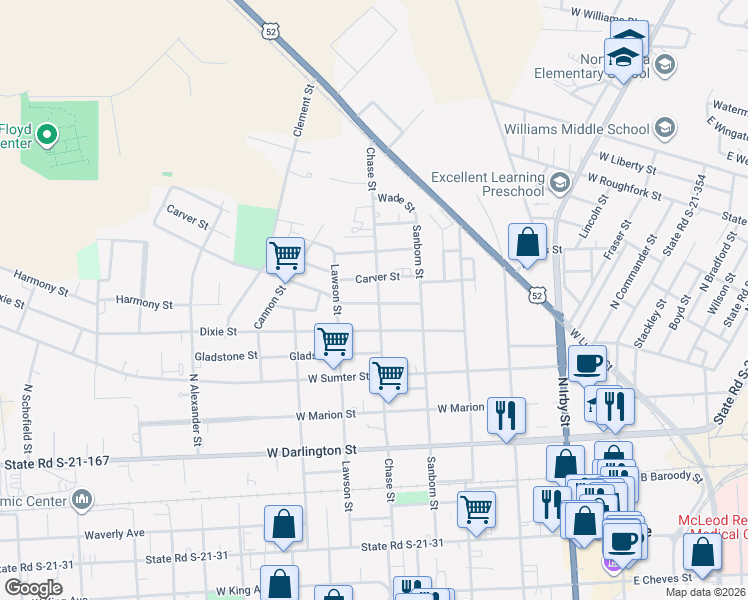 map of restaurants, bars, coffee shops, grocery stores, and more near 710 Chase Street in Florence