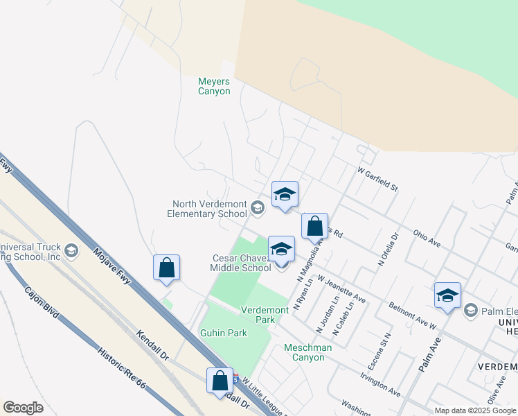 map of restaurants, bars, coffee shops, grocery stores, and more near 3555 West Meyers Road in San Bernardino