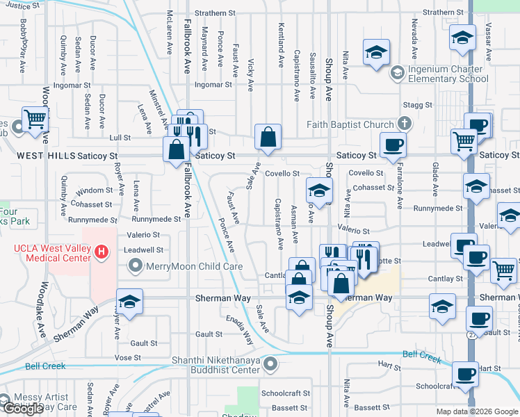 map of restaurants, bars, coffee shops, grocery stores, and more near 7431 Kentland Avenue in Los Angeles