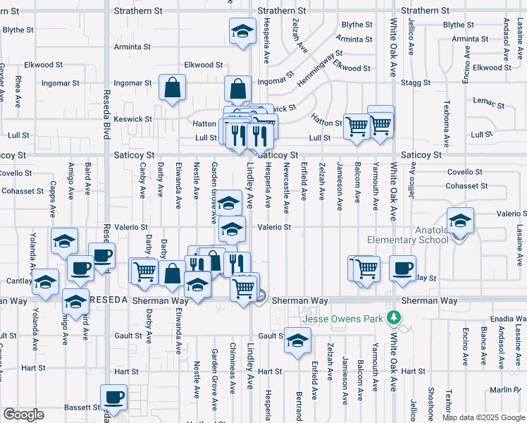 map of restaurants, bars, coffee shops, grocery stores, and more near 7429 Hesperia Avenue in Los Angeles