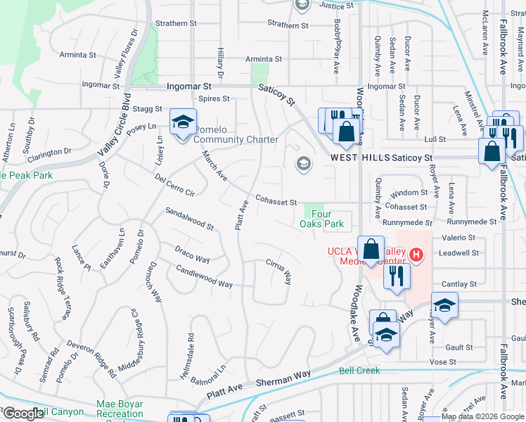 map of restaurants, bars, coffee shops, grocery stores, and more near 7431 Bernadine Avenue in Los Angeles
